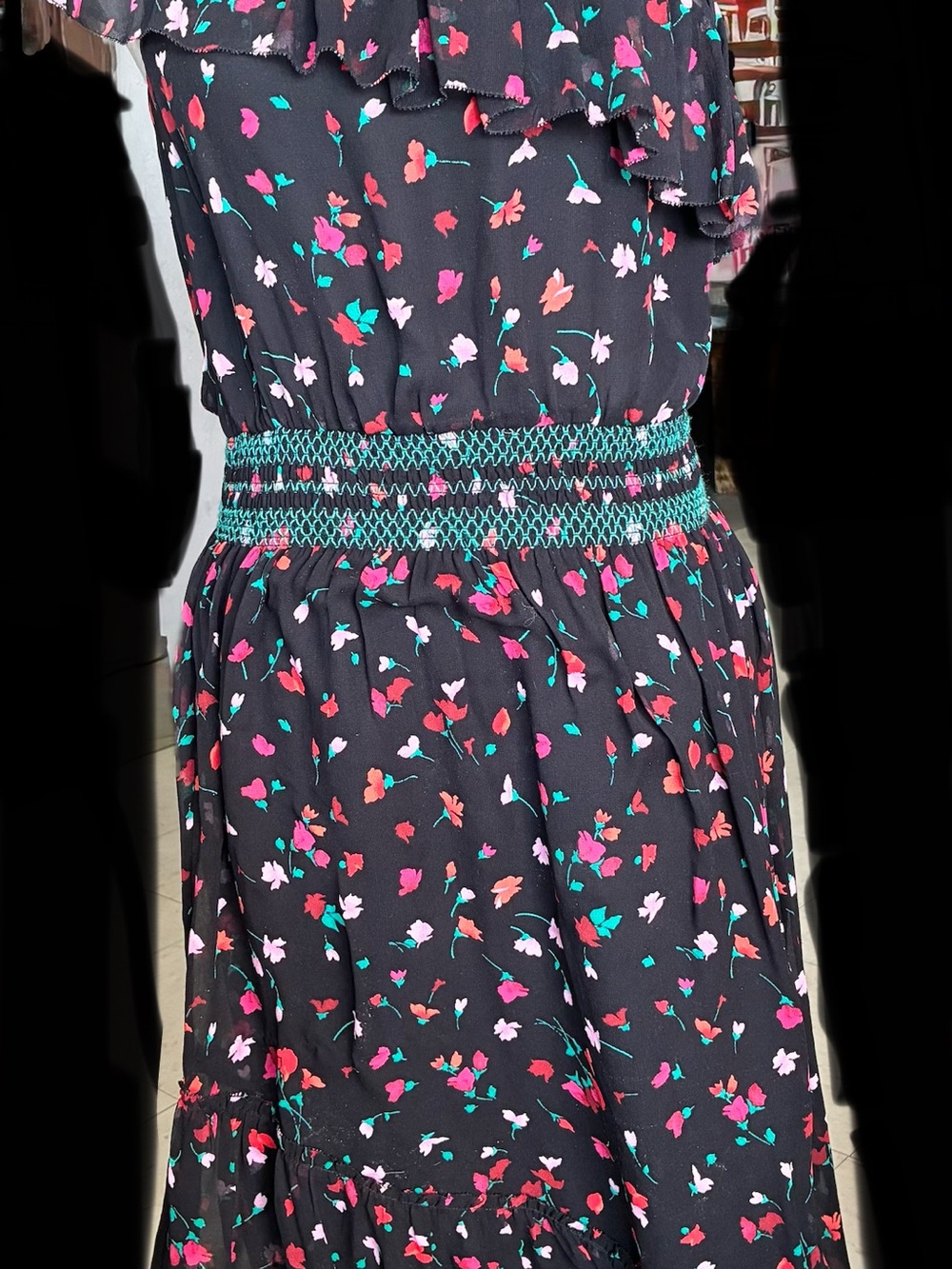 Joie Black Asymmetrical Dress with Pink & Teal Floral Print